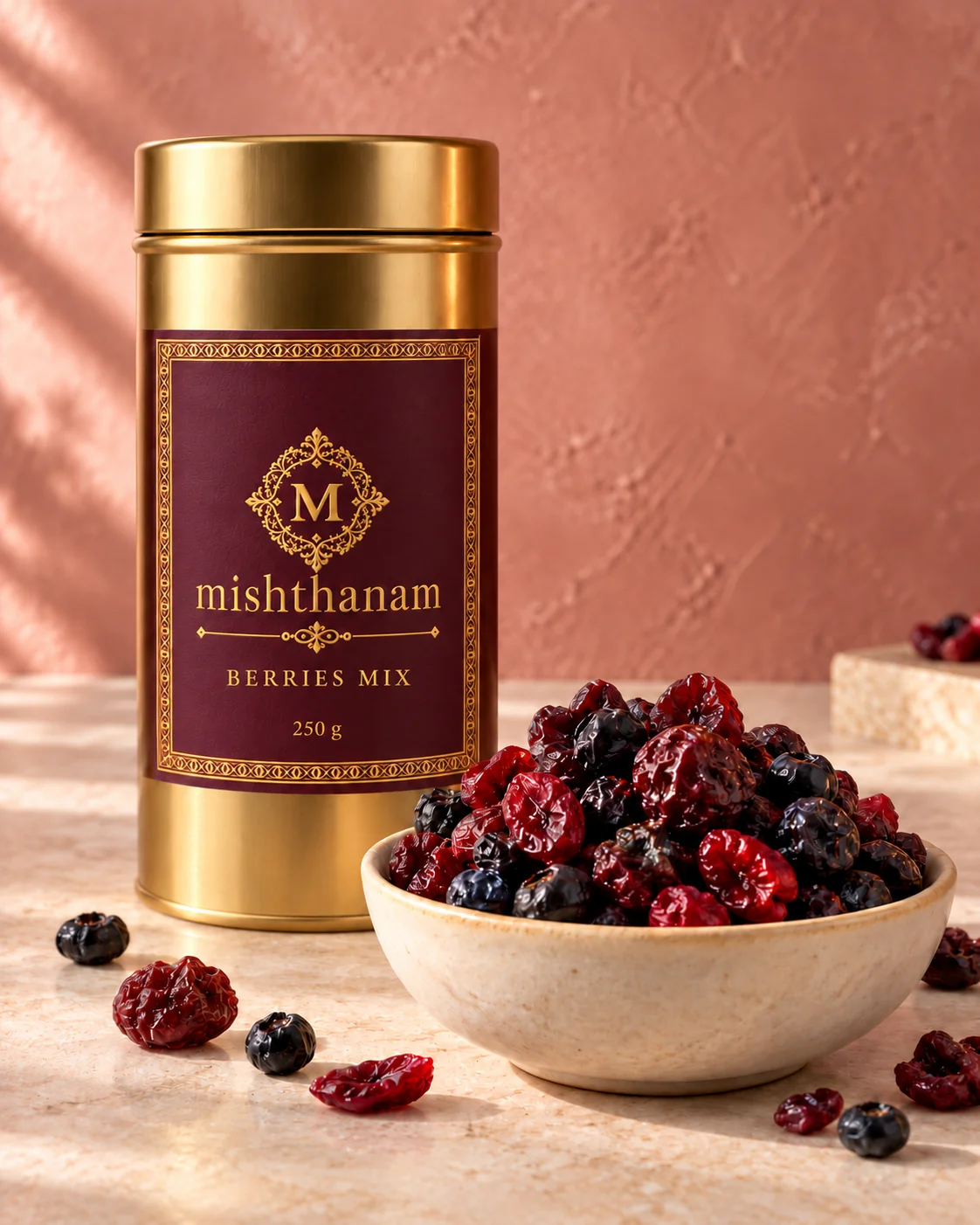 A colourful dried berry mix in a bowl beside a gold Mishthanam tin