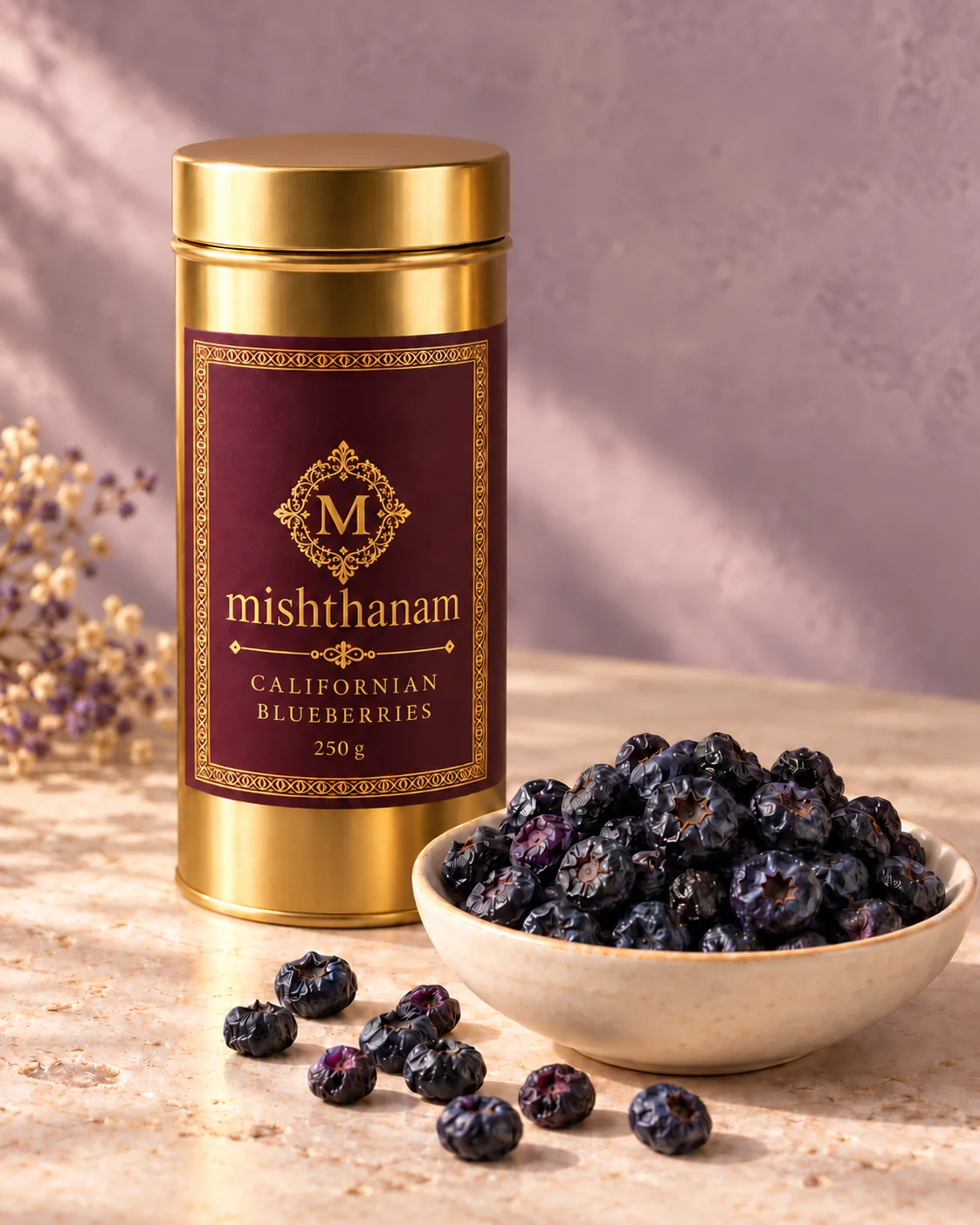 Californian dried blueberries in an ivory bowl beside a tall gold Mishthanam tin