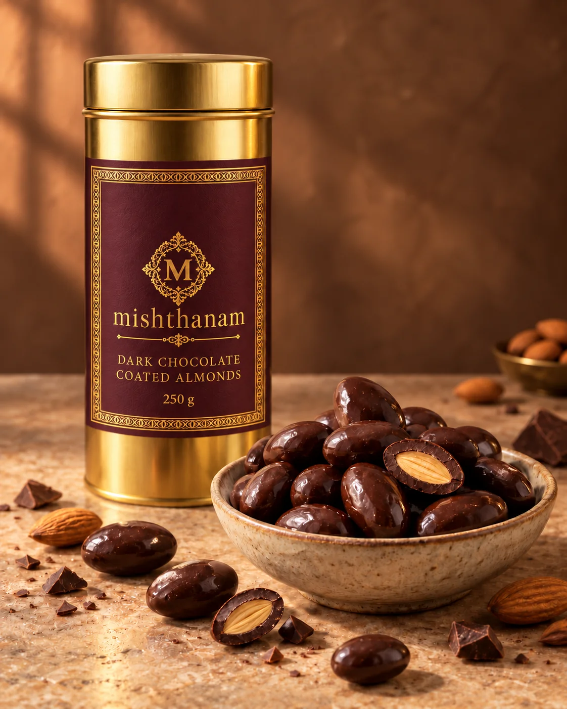 Dark chocolate coated almonds, one cut to reveal its almond centre, beside a gold tin