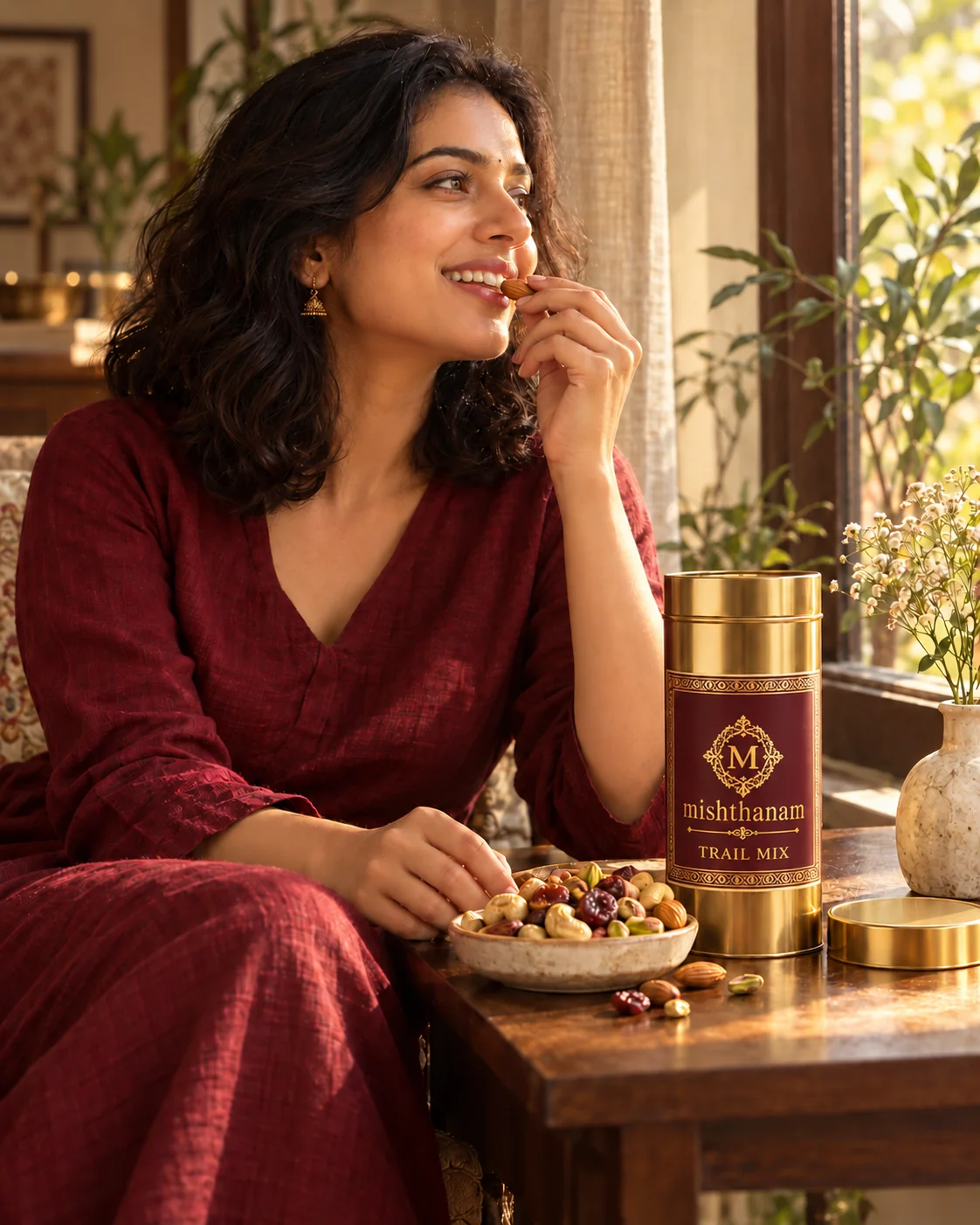 A woman enjoying an almond by a sunlit window, with trail mix and a Mishthanam gold tin on the table