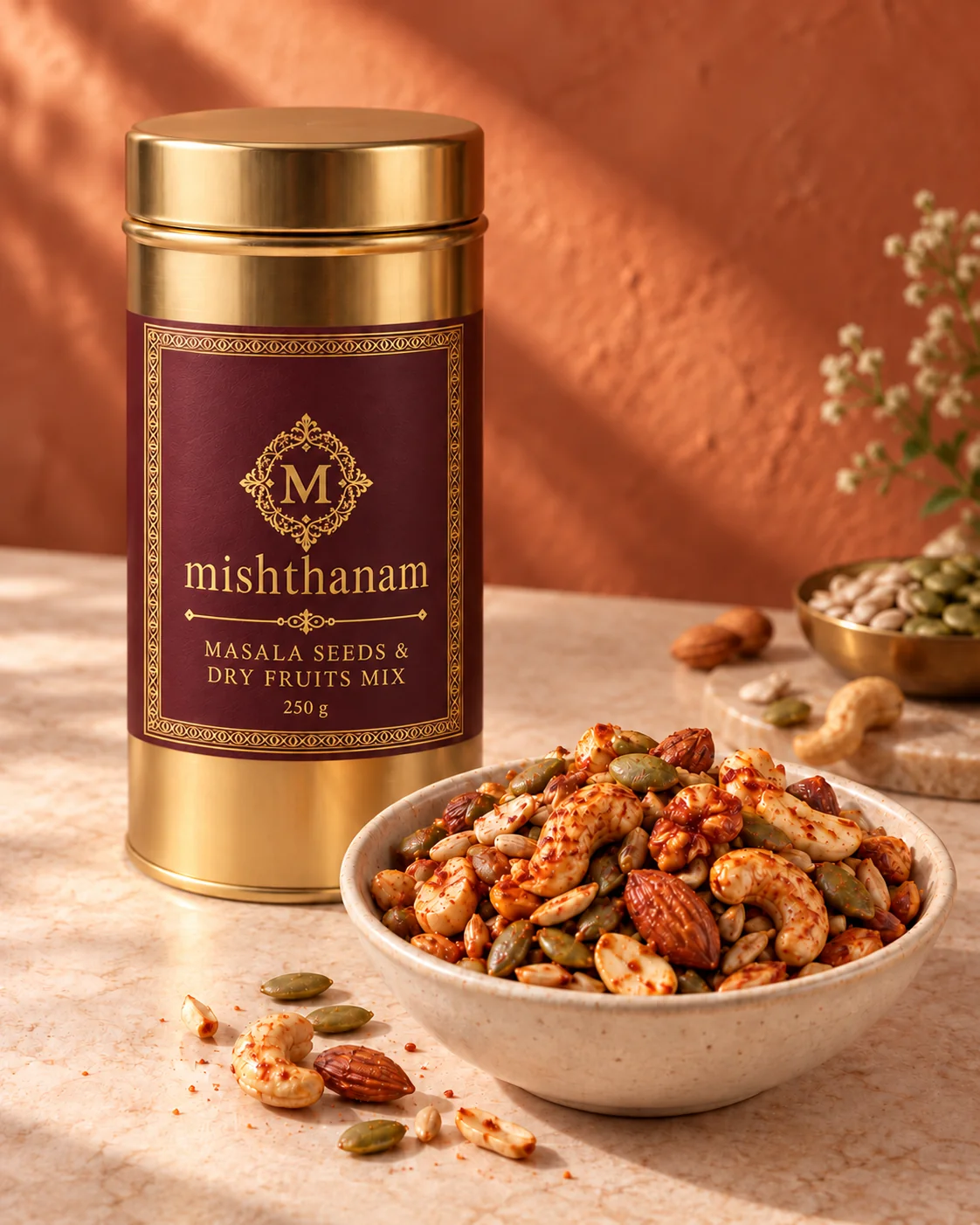 Masala-coated seeds and nuts in a ceramic bowl beside a gold Mishthanam tin