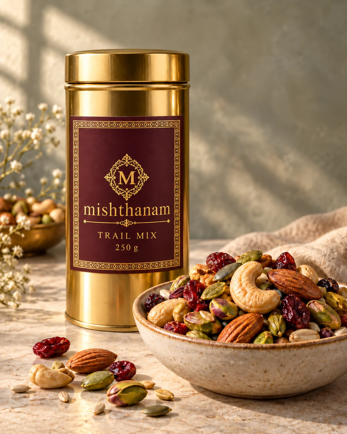 Almond, cashew, seed and dried berry trail mix beside a golden Mishthanam tin