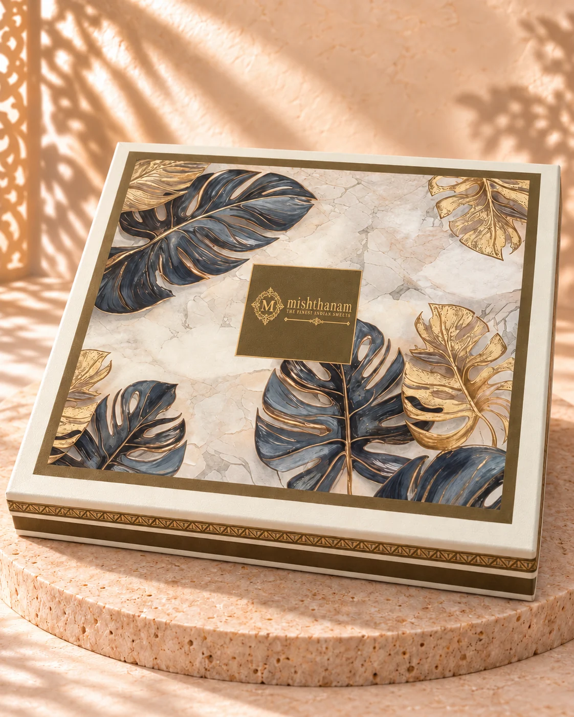 Ivory marble Diwali gift box with navy and gold monstera leaves and the Mishthanam logo