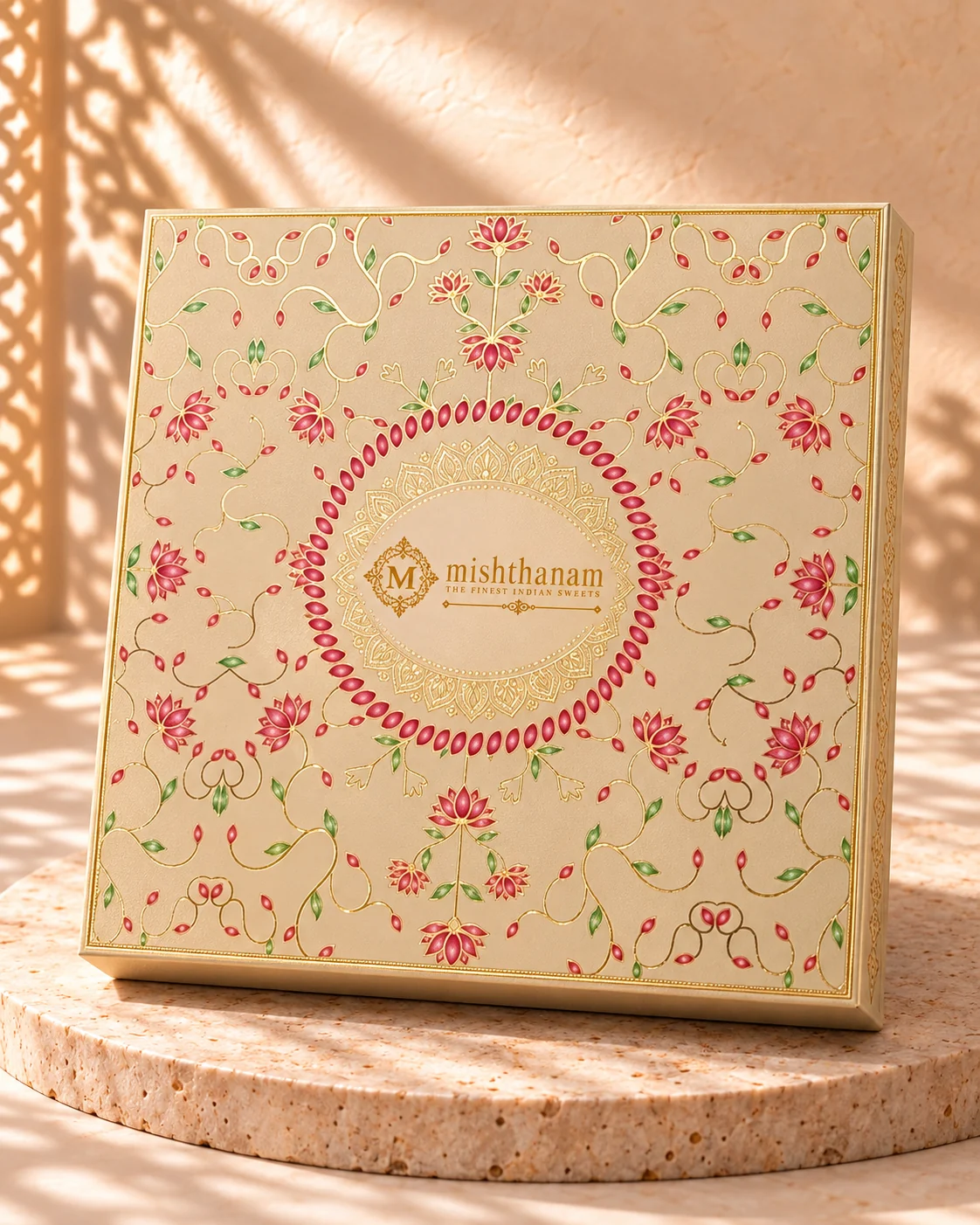 Champagne-gold Diwali gift box with pink flowers and a circular floral medallion