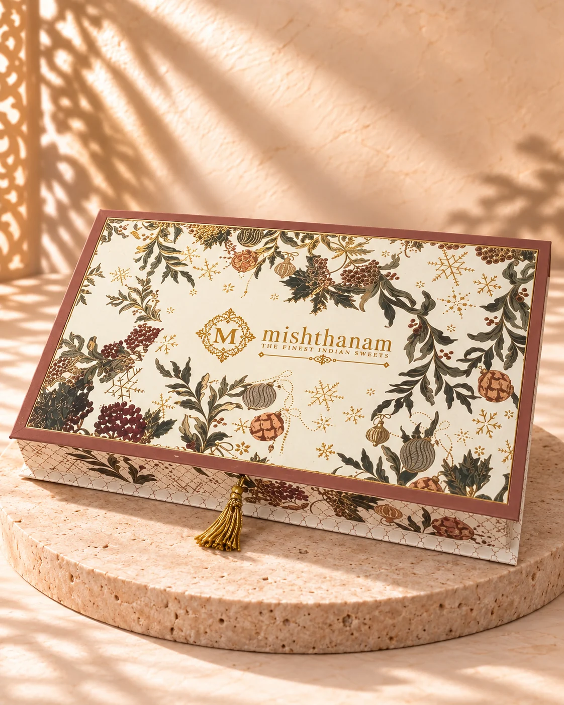 Ivory Diwali gift box with a rose border, botanical artwork and a gold tassel