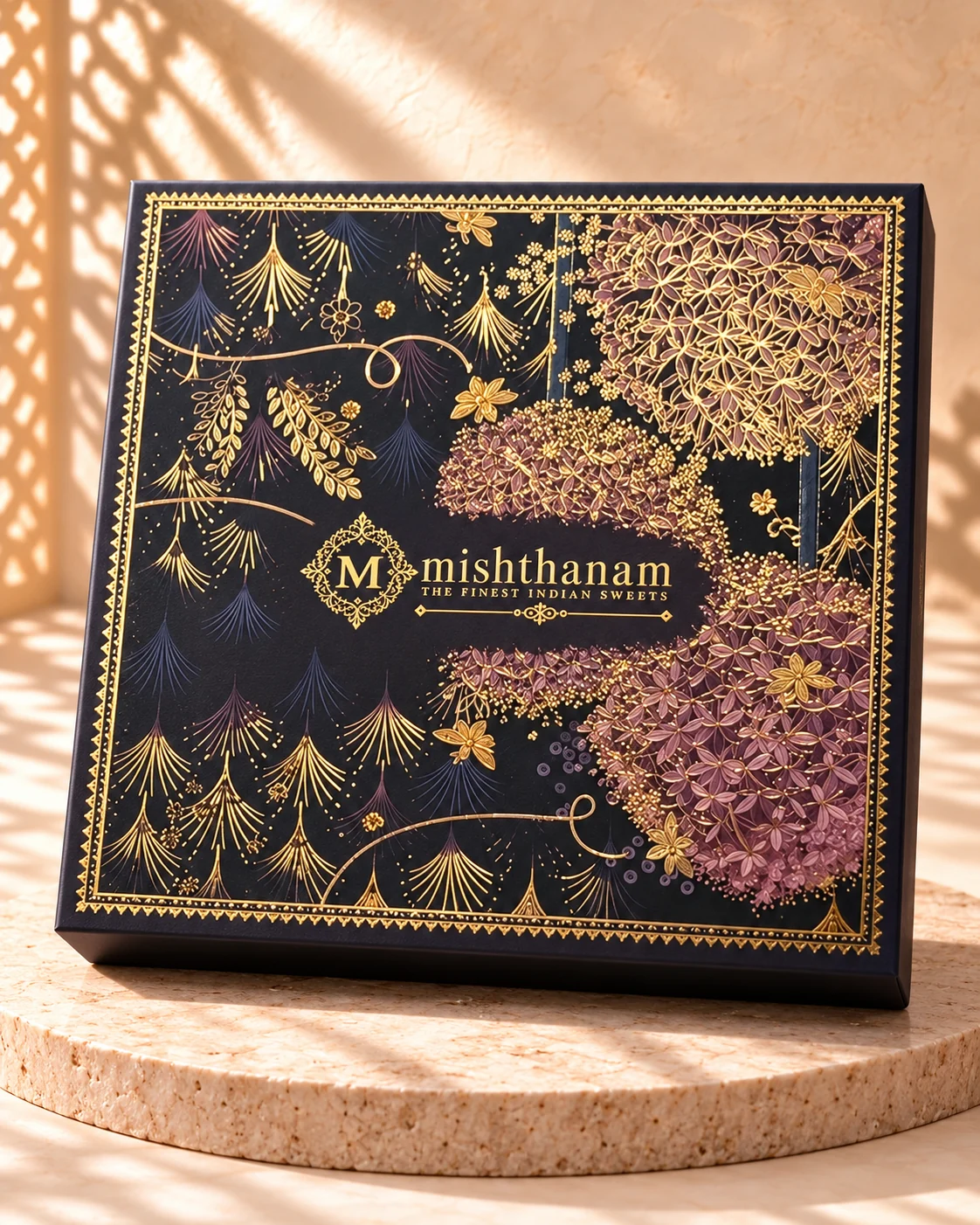 Black Diwali gift box with intricate gold and mauve floral artwork and the Mishthanam logo